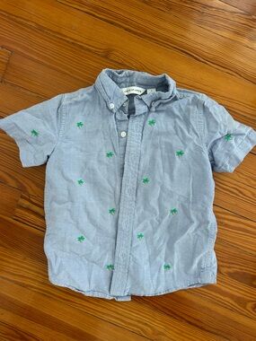 Janie and Jack Light Blue Button-Up Shirt with Green Palm Tree Embroidery